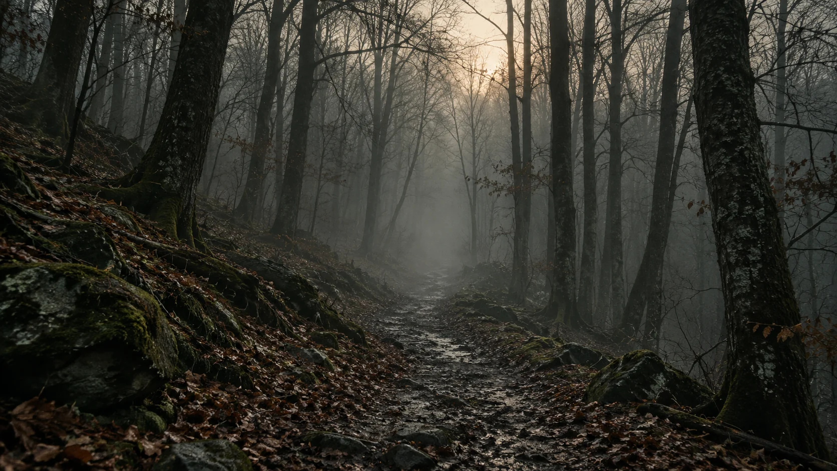 A narrow path disappearing into a dark forest and drifting fog.